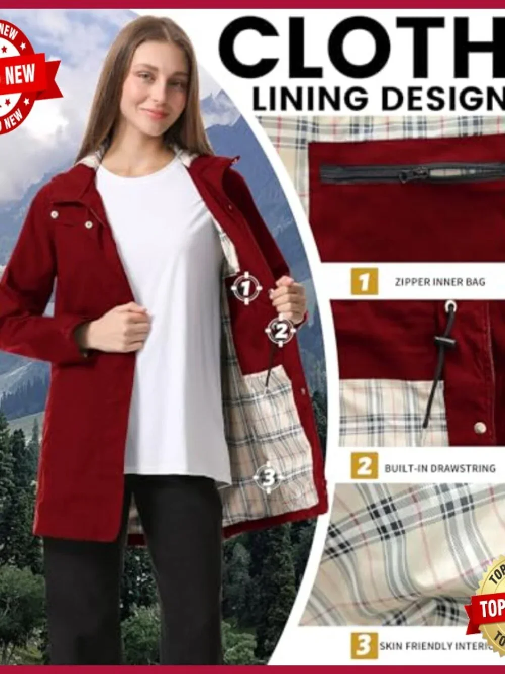 Women's Packable Waterproof Raincoat Hooded Trench Coat Lightweight Outdoor